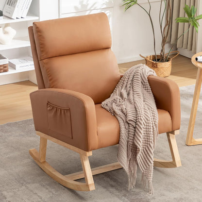 Rocking Chair Nursery, Upholstered Nursing Rocker Chair for Mom with High Backrest and Side Pockets for Bedroom Living Room, Beige