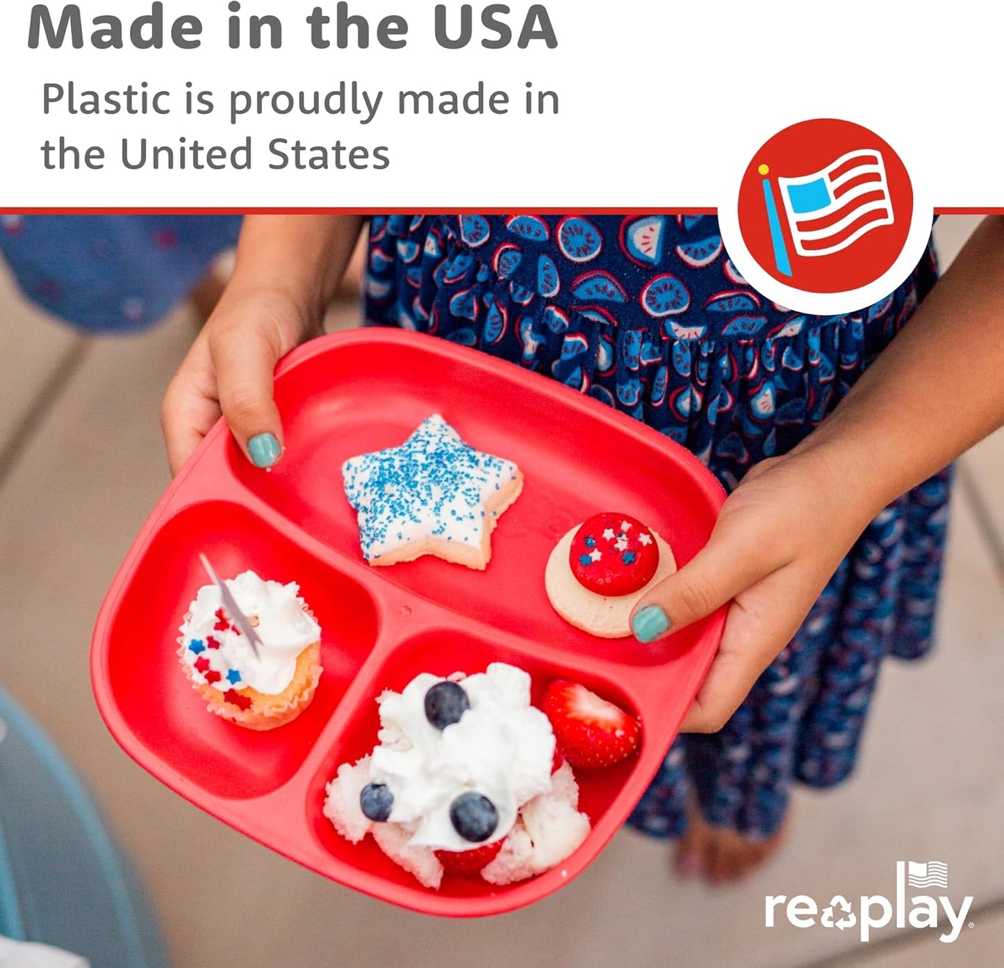 Re-Play Toddler Plates with Dividers - Deep-Walled 3 Compartments Divided Plates for Kids - Dishwasher & Microwave Safe - Made in USA - Set of 3-7.37" x 7.37" x 1.25" - Beach Baby