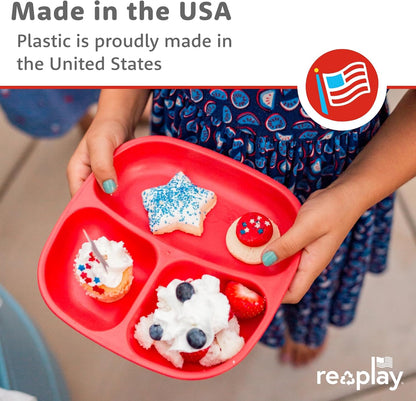 Re-Play Toddler Plates with Dividers - Deep-Walled 3 Compartments Divided Plates for Kids - Dishwasher & Microwave Safe - Made in USA - Set of 3-7.37" x 7.37" x 1.25" - Beach Baby