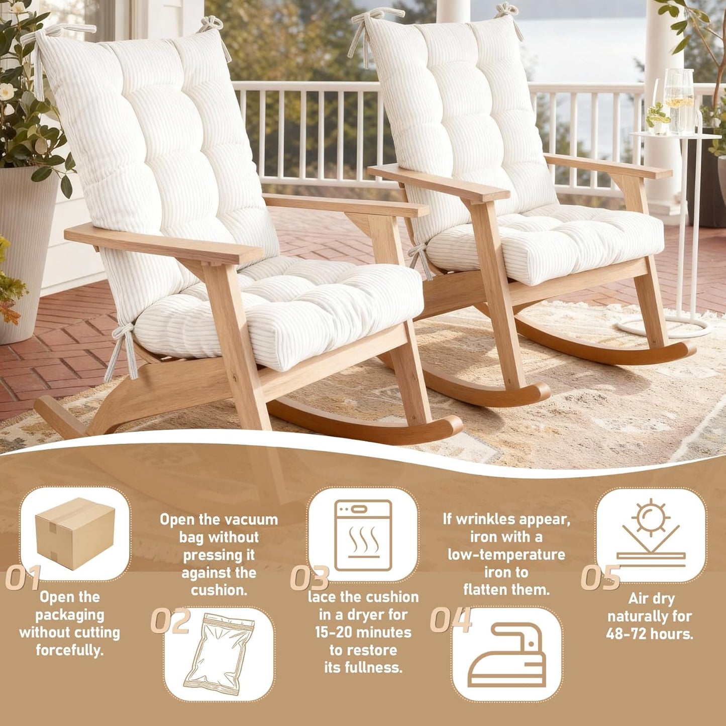 Rocking Chair Cushion with Ties Non-Slip Outdoor Rocking Chair Cushion Set Waterproof Fade-Resistant Porch Garden Patio Glider Rocker Cushions