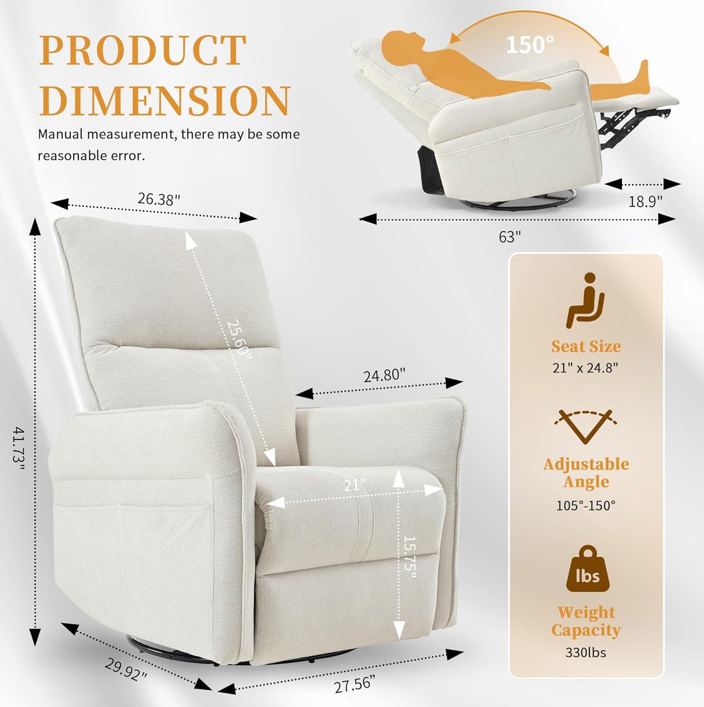 Power Swivel Rocker Recliner Chair for Nursery, Upholstered Snowflake Velvet 270°Swivel Glider Rocker Chair with USB Ports, Small Power Recliners for Small Spaces Living Room