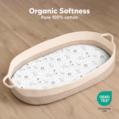2-Pack Organic Bassinet Sheets for Girls, Boys - 100% Cotton Bassinet Mattress Sheets Compatible with Halo Bassinest Swivel Sleeper, Graco, Baby Delight, Chicco, Unisex Fitted Bassinet Sheets (Elly)