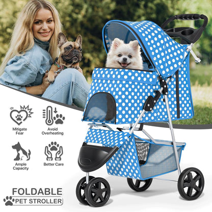 MoNiBloom Foldable Pet Stroller with Weather Cover, 3 Wheels Pet Strolling Cart for Small/Medium Dogs and Cats with Storage Basket and Cup Holder, Breathable and Visible Mesh for All-Season, Black