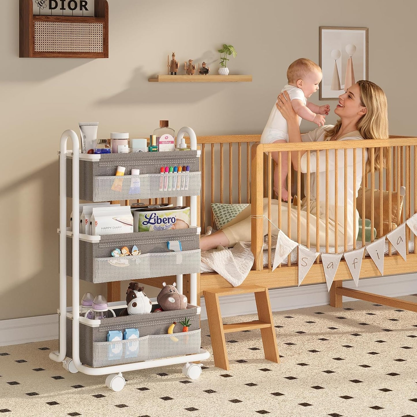 3-Tier Baby Diaper Caddy Organizer Cart, Mobile Nursery Storage Carts with Wheels, 3 Dividers & 6 Mesh Pockets Durable Metal Utility Cart for Nursery, Bedroom, Bathroom, Baby Essentials Organization