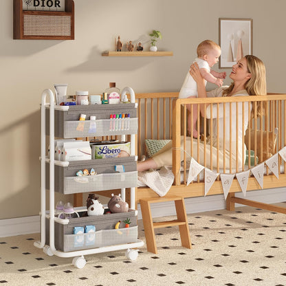 3-Tier Baby Diaper Caddy Organizer Cart, Mobile Nursery Storage Carts with Wheels, 3 Dividers & 6 Mesh Pockets Durable Metal Utility Cart for Nursery, Bedroom, Bathroom, Baby Essentials Organization