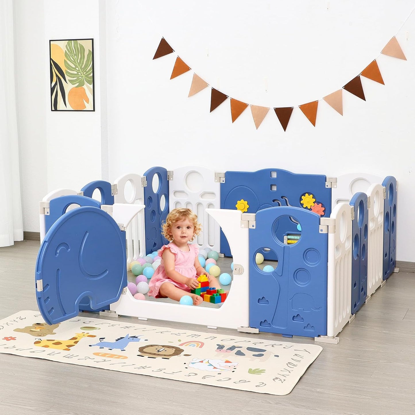 Baby Playpen, 14-Panel Foldable Play Pen for Babies and Toddlers, Indoor Outdoor Baby Fence with Sensory Play Panel, Adjustable Shape Activity Play Center, Portable & Easy Assemble