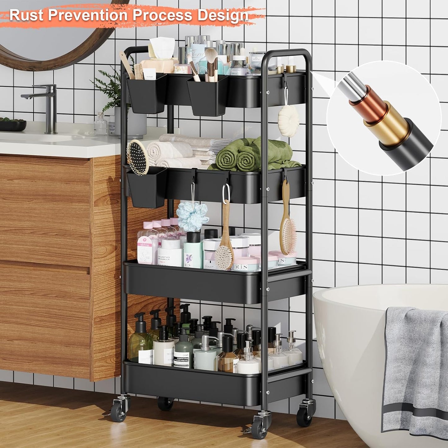 3 Tier Rolling Cart Metal with Lockable Wheels, Pink Three Tiered Diaper Caddy Cart Organizer on Wheels, Storage Utility Trolley Carts for Craft, Art, Nail, Lash, Baby Supplies, Cleaning, Mesh