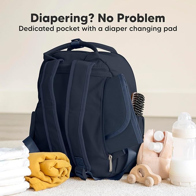KeaBabies Diaper Bag Backpack - Small Multifunctional Travel Diaper Back Packs, Maternity Baby Changing Bags, 12L Capacity, PU Leather, Waterproof, Unisex, Nappy Changing Pad (Navy Blue, Small)