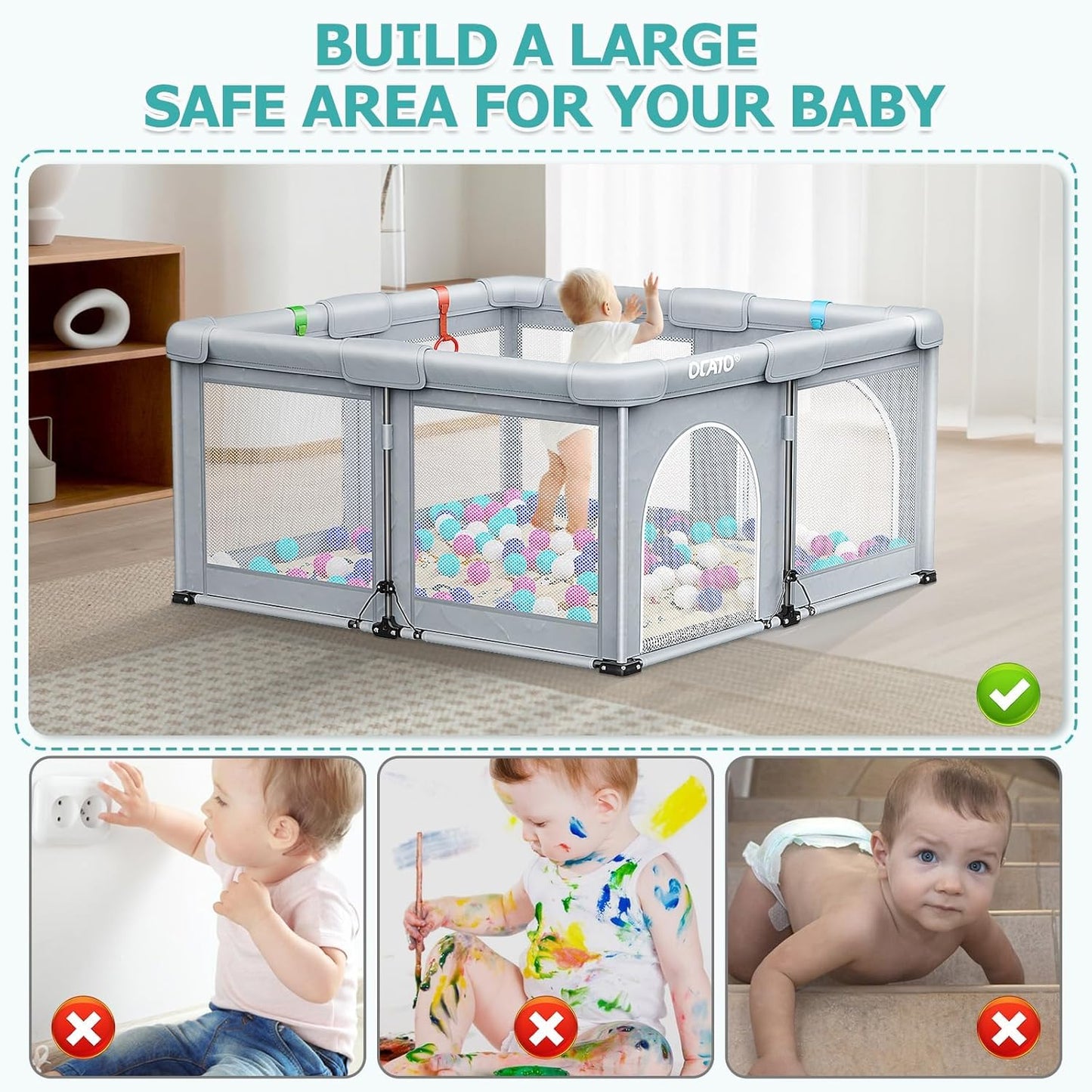 OCATO Baby Playpen Play Pen: Foldable Playpen for Babies and Toddlers Playard for Indoor Outdoor Activity Center Game Fence Safety Area Toddler Play Pen for Babies 6-12 Months Baby Gifts (50" × 50")