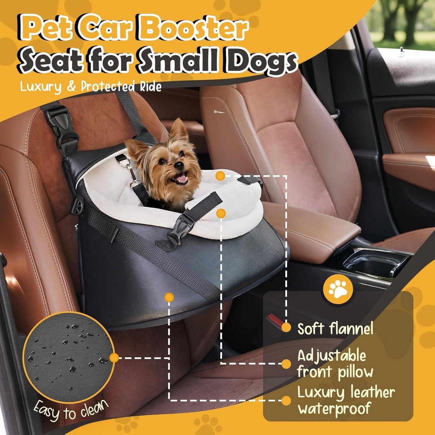 WOYYHO Luxury Dog Booster Car Seat Up to 7 lbs, PU Leather Pet Car Seat with Safety Belt & Soft Flannel Liner for Teacup Yorkie, Chihuahua, Maltese, Pomeranian, Toy Poodle, Small Cats, Bunny, Puppies