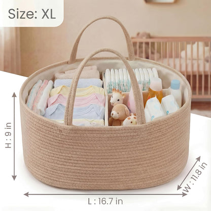 luxury little Diaper Caddy Organizer, Large Cotton Rope Nursery Baby Basket, Changing Table Organizer for Baby Diaper Storage, Portable Car Organizer Removable Divider (Off White, Large)