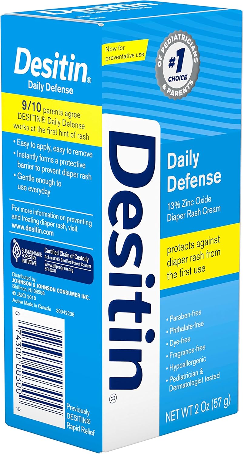 Desitin Daily Defense Baby Diaper Rash Cream with 13% Zinc Oxide Barrier Cream to Treat, Relieve & Prevent diaper rash, Hypoallergenic, Dye-, Phthalate- & Paraben-Free, Travel Size, 2 oz