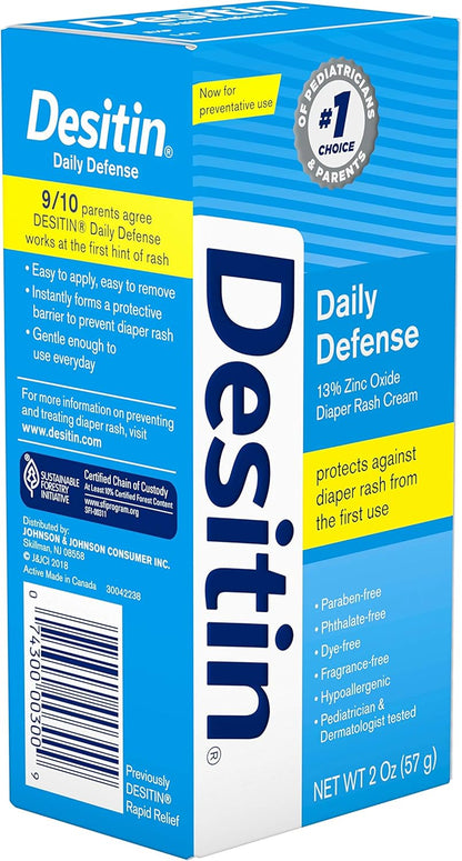 Desitin Daily Defense Baby Diaper Rash Cream with 13% Zinc Oxide Barrier Cream to Treat, Relieve & Prevent diaper rash, Hypoallergenic, Dye-, Phthalate- & Paraben-Free, Travel Size, 2 oz