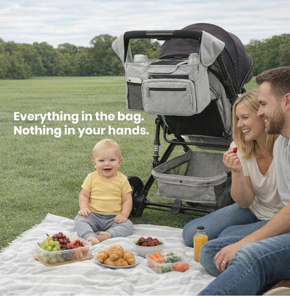 Black Universal Stroller Organizer with 2 Insulated Cup Holders, 3-in-1 Stroller Caddy with Detachable Phone Bag & Non-Slip Shoulder Strap, Fits Uppababy, Nuna, Doona, Baby Essentials