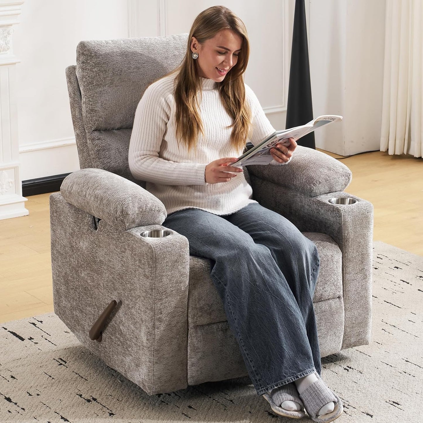 Rocking Chair Nursery with Adjustable Armrests, Electric Glider Recliner Nursing Chair for Breastfeeding, Power Swivel Recliner Chairs with Massage and Heat, Adjustable Headrest , FSC Certified, White