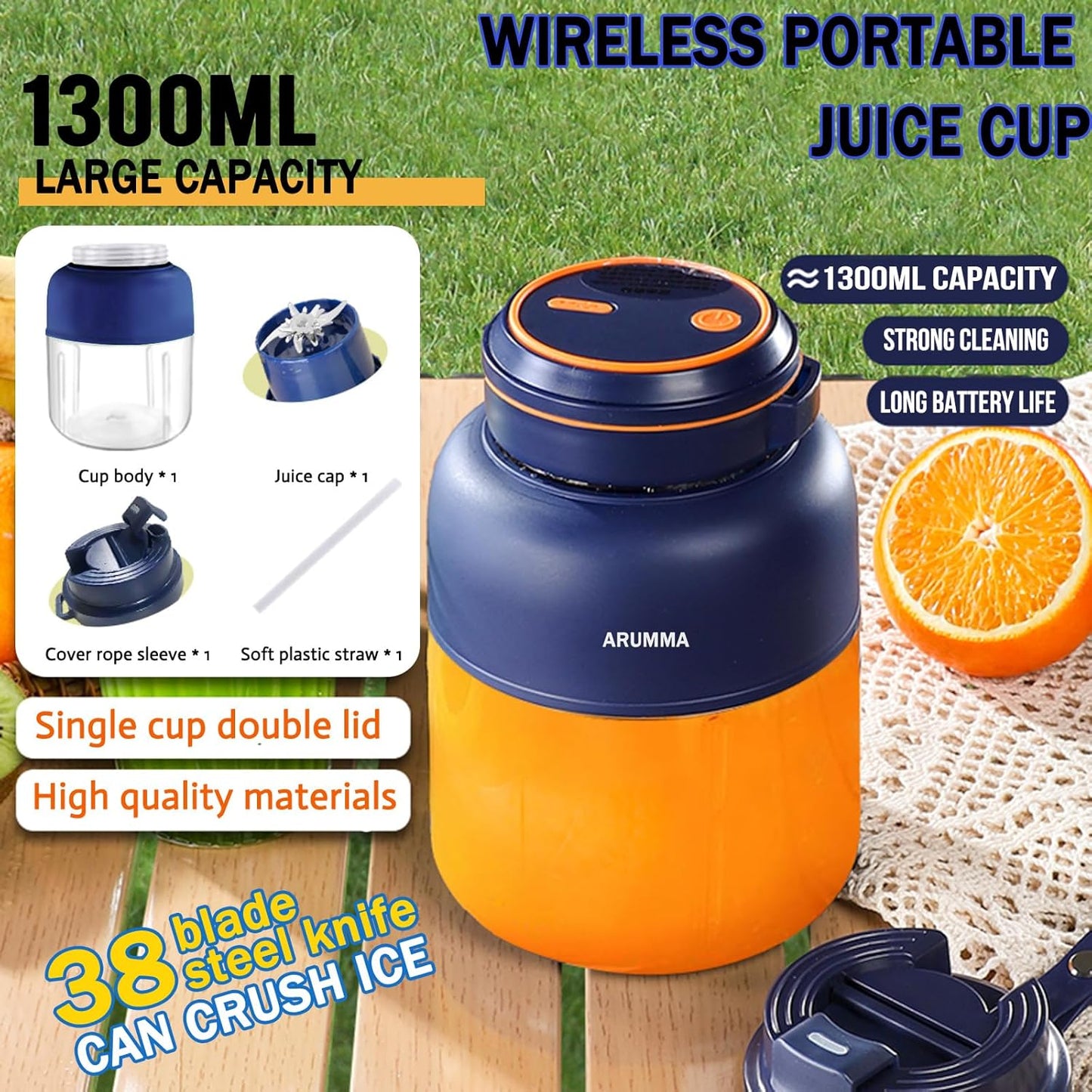Portable Juice Cup Blender for Smoothies Shakes Fruit Crush Baby Food Maker 43oz 1300ML USB Charging Cordless Food Grade Blades Electric Smoothie Blender for Small Ice Kitchen Outdoor