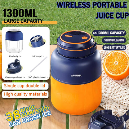 Portable Juice Cup Blender for Smoothies Shakes Fruit Crush Baby Food Maker 43oz 1300ML USB Charging Cordless Food Grade Blades Electric Smoothie Blender for Small Ice Kitchen Outdoor