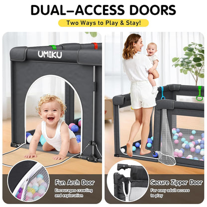 Baby Playpen Foldable Playpen for Babies and Toddlers, Large Playpens Portable Play Pen Play Yard for Kids Fence Indoor Outdoor Travel 4 Handlers 50 Balls Baby Gifts Essentials 50"X50" Dark Grey