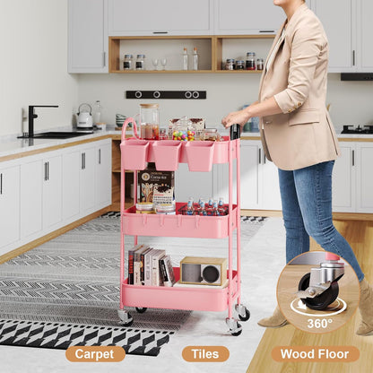 3 Tier Heavy Duty White Metal Rolling Cart with Lockable Wheels, Three Tier Roller Book Snack Cart, Utility Storage Organizer Carts for Kitchen, Bathroom, Garage, Baby Diaper, Craft, Art, Teacher