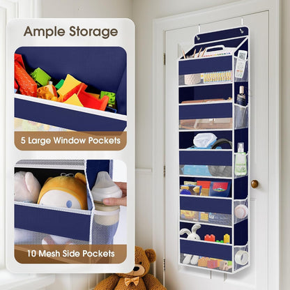 SpaceHacks 1 Pack Over The Door Organizer, Hanging Storage Organizer with Clear Window, 40lb Ultra Sturdy Large Capacity Room Organizer for Pantry Laundry Bathroom Nursery Closet Baby Essential (Grey)