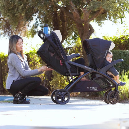 Baby Trend Double Stroller with Canopy Visors, Storage Basket and 2 Cup Holders, Sit N' Stand 2.0 DLX, Stormy – Foldable Infant and Toddler Tandem Stroller and Travel System
