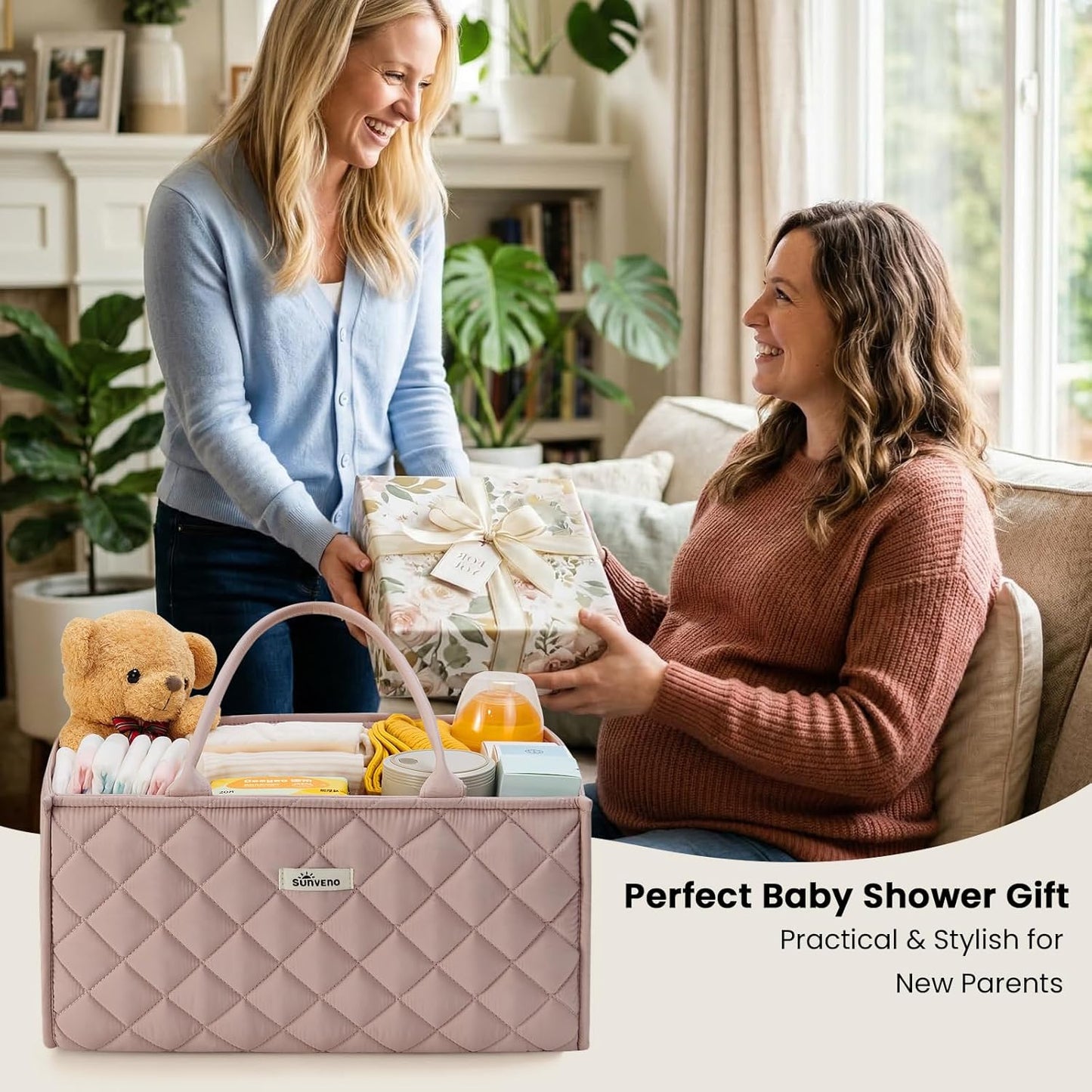 SUNVENO Quilted Diaper Caddy Organizer, Soft Padded Baby Diaper Caddy with Removable Dividers, Large Nursery Storage Basket for Diapers, Wipes and Baby Essentials, Portable Nursery Organizer, Brown