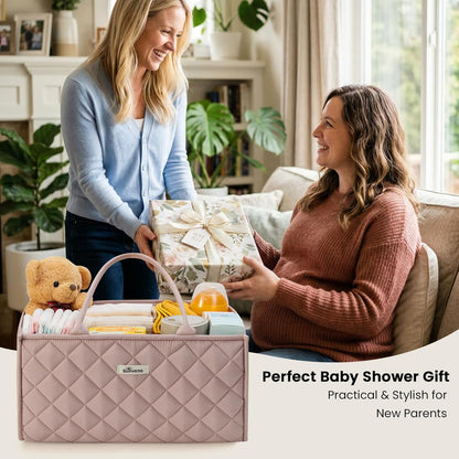 SUNVENO Quilted Diaper Caddy Organizer, Soft Padded Baby Diaper Caddy with Removable Dividers, Large Nursery Storage Basket for Diapers, Wipes and Baby Essentials, Portable Nursery Organizer, Brown