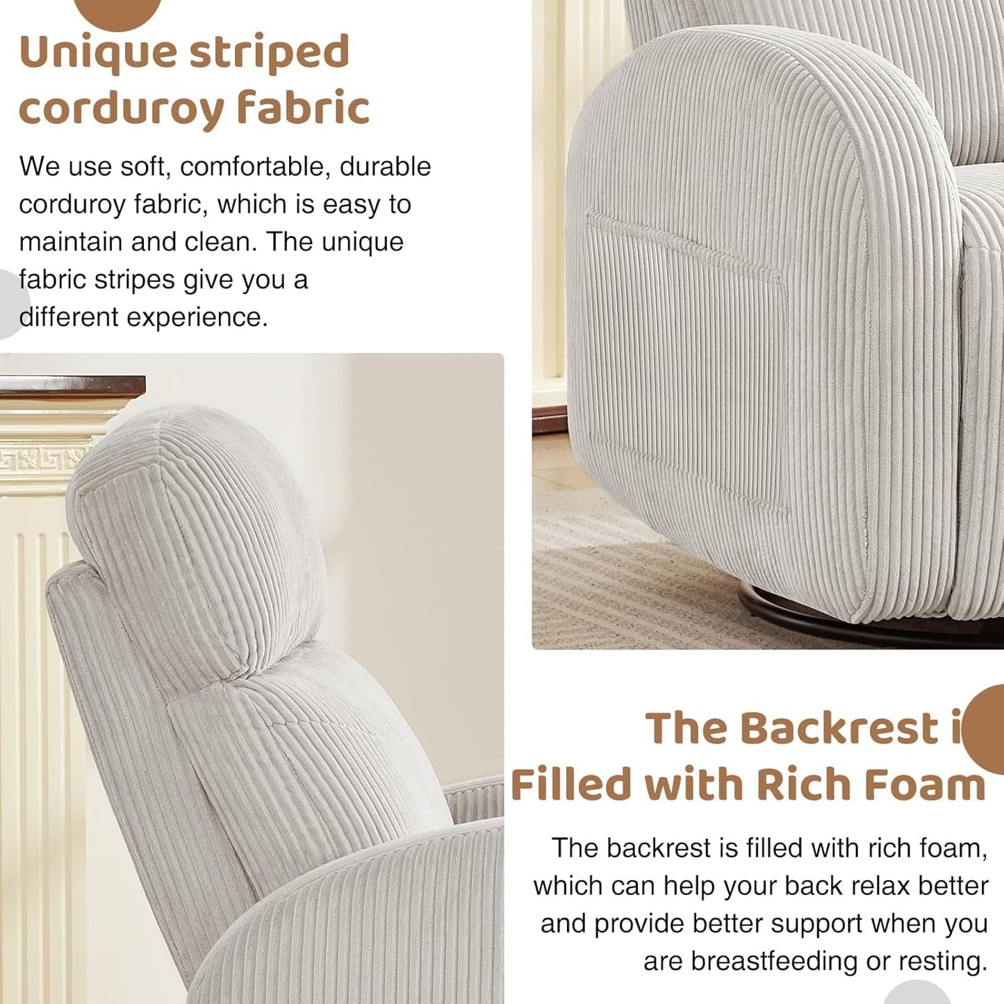 Swivel Rocker Recliner Chair, Rocking Recliner for Nursery with Side Pockets, Manual Swivel Reclining Nursery Glider Chair for Breastfeeding Living Room, Camel Chenille