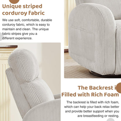 Swivel Rocker Recliner Chair, Rocking Recliner for Nursery with Side Pockets, Manual Swivel Reclining Nursery Glider Chair for Breastfeeding Living Room, Camel Chenille