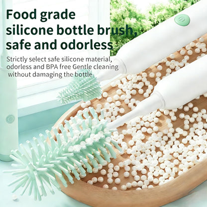 Portable Electric Silicone Bottle Brush Set, 7-in-1 UV LIGHT USB Charging, Nipple/Straw Cleaner, Milk Mixer, Built-in Drying Rack & Storage Case, BPA-Free, IPX7, On-the-Go for New Parents (Blush)