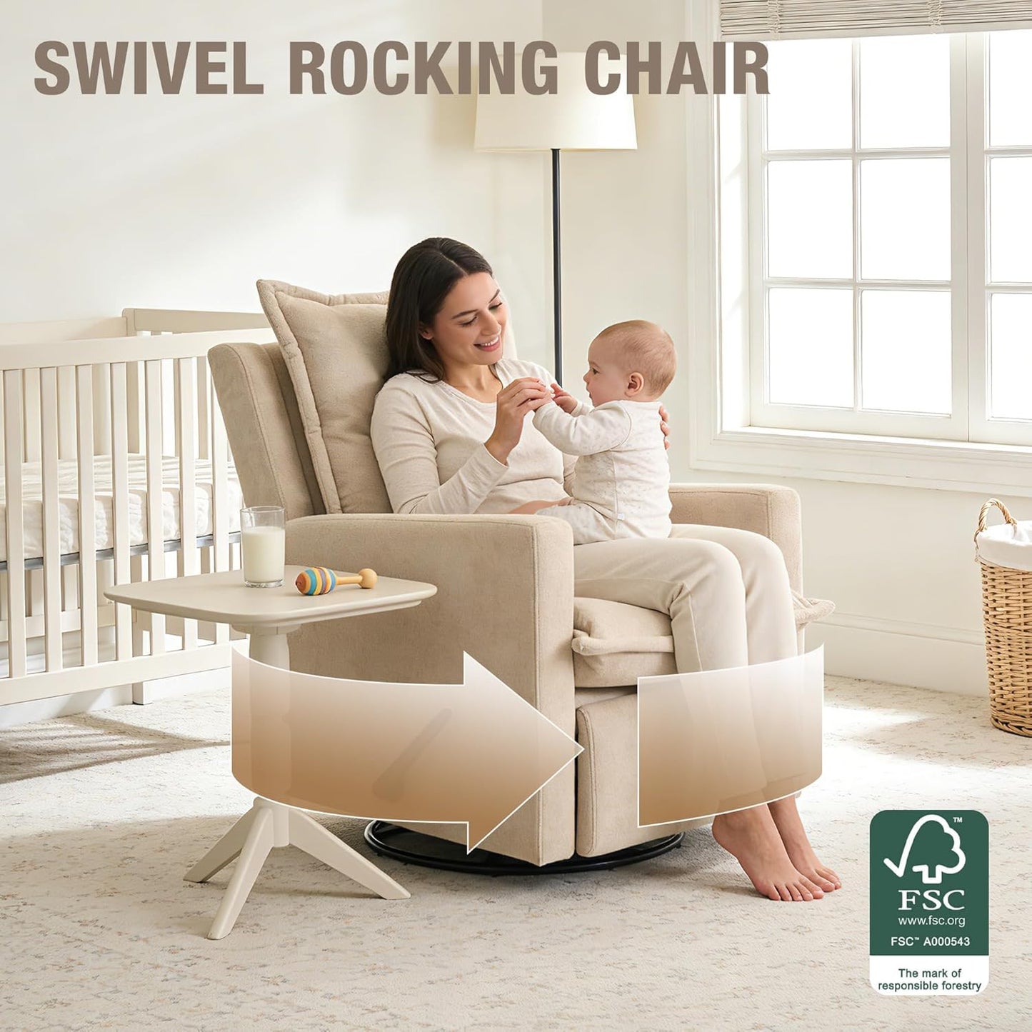 Euthymia Swivel Rocking Chair Nursery, High Back Glider Rocker Recliner Chair for Small Spaces, Manual Reclining Sofa for Living Room, Bedroom, Beige