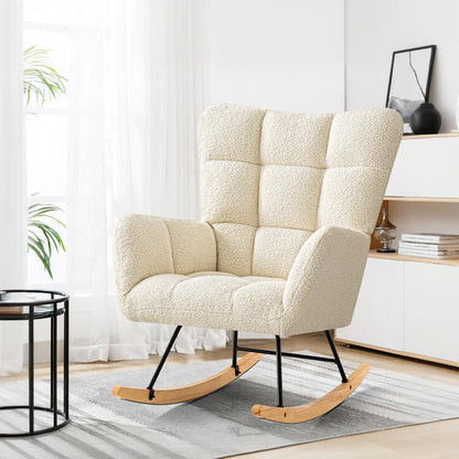 Furniliving Nursery Rocking Chair Upholstered Glider Rocking Chair Modern Accent Chair Padded Seat Reading Chair with High Backrest Comfy Chair for Living Room, Bedroom, Nursery, Black, Teddy