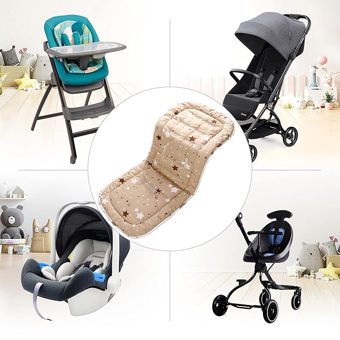 Baby Stroller Cushion,Infant Car Seat Insert-Reversible Universal Breathable and Soft Newborn seat Liner for Stroller,100% Cotton Seat Pad Liner for Newborns-34x78cm,1 Pack(White + Brown Stars)