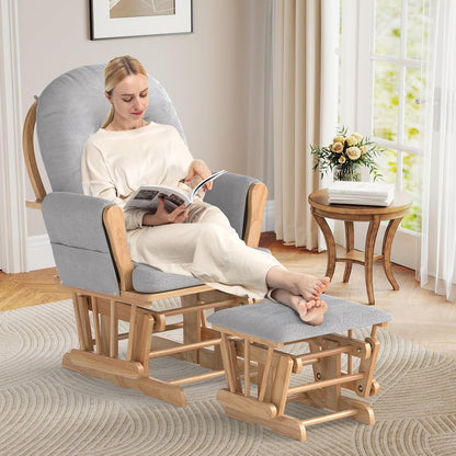 Costzon Nursery Glider with Ottoman, Upholstered Comfort Glider Rocker with Padded Cushion, Storage Pocket, Solid Wood Base, Rocking Chair Nursery for Breastfeeding, Napping (Light Gray)