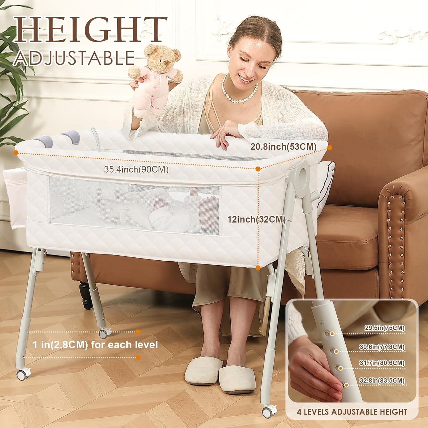 Baby Bassinet Bedside Crib for Newborn, 4-in-1 Baby Bassinet Bedside Sleeper with Mesh & Mattress, Easy Move Crib for Newborns with Lockable Wheels & Storage Basket, 4-Adjustable Height(Grey) | Bassinet with Wheels, Storage Basket, 4 Height Adjustable