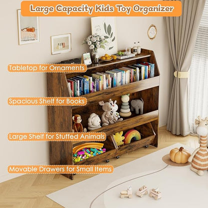 COZPAW Toy Storage Organizer, 3 Tier Montessori Shelf with Movable Bins (Brown)
