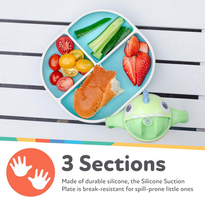 Nuby Silicone Round Suction Plate with Lid - Dishwasher-Safe Baby and Toddler Plate - 6+ Months - Aqua and Coral - Back to School Essentials