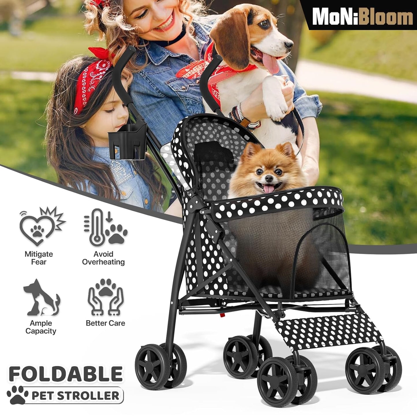 MoNiBloom 4 Wheels Pet Stroller, Easy-Fold Puppy Cage Jogger Stroller with Sun Cover, Pad and Rear Storage Bag, Breathable and Visible Mesh for Small/Medium Pets up to 22 lbs, Black