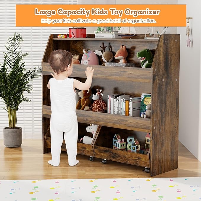 COZPAW Toy Storage Organizer, 3 Tier Montessori Shelf with Movable Bins (Brown)