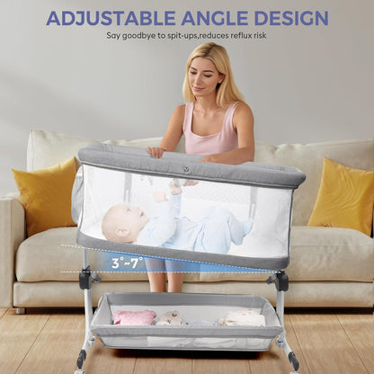 MOMFANN Baby Bassinet Bedside Sleeper, Upgraded Stability Bedside Crib with Full Mesh Sides, Soft Sheet, 6-Height Adjustment, Storage Basket, Easy Folding Portable Bassinet for Newborns, Gray