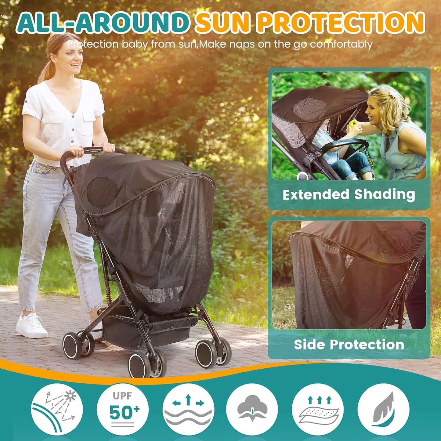 Orzbow Stroller Sun Shade Cover, Removable Stroller Shade Extender with Zip, Universal Canopy for Stroller Sun Protection, Breathable & Stable, Blocks 95% UV(UPF 50+)