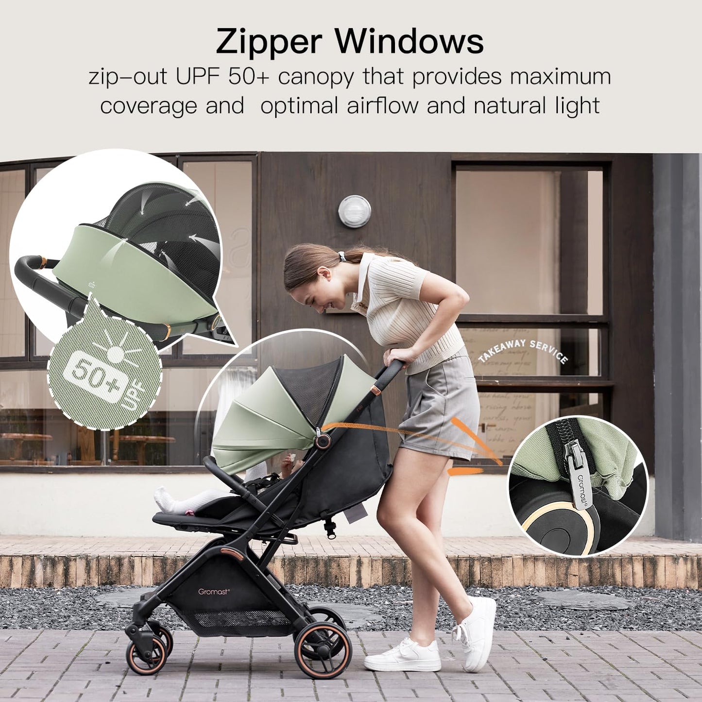 Gromast Gravity Folding Baby Stroller - Portable Travel Toddler Stroller w/Adjustable Backrest, Canopy & Cup Holder, Lightweight and UV Protected, One-Hand Automatic Folding - Green