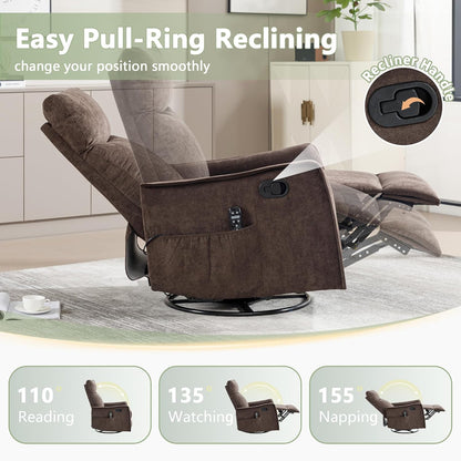 cinkehome Swivel Rocker Recliner, Glider Rocker Recliner Chair for Nursery, Manual Reclining Chair with Heated Massage, Small Spaces, Living Room, Khaki Chenille