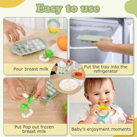 WAJIAYON Baby Breastmilk Popsicle Molds & Baby Fruit Feeder (4 Pack), Infant Food Freezer Tray Storage Containers, Silicone Teething Pacifier Feeder and Teether for Babies（Pink&Purple）