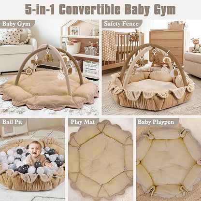 5-in-1 Plush Baby Play Gym, Activity Mat with Convertible Gym, Baby Gym 6 Sensory Toys, Play Center for Newborn to Toddler, Brown