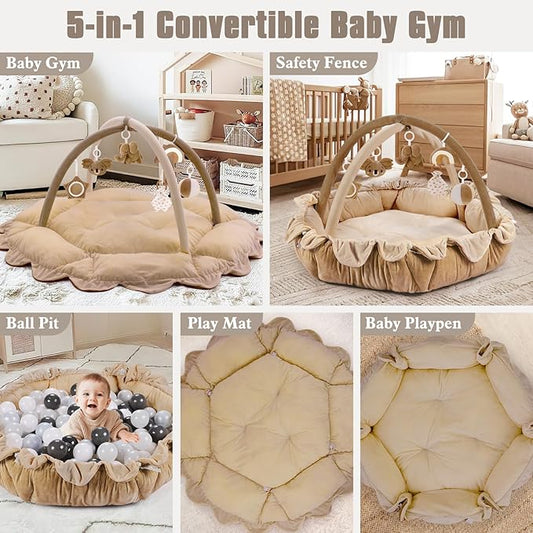 5-in-1 Plush Baby Play Gym, Activity Mat with Convertible Gym, Baby Gym 6 Sensory Toys, Play Center for Newborn to Toddler, Brown