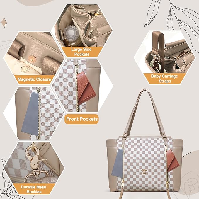 miss fong Checkered Diaper Bag Tote Leather Diaper Bag Backpack, Large Capacity Mommy Bag Hospital Bag, 12 Pockets Travel Diaper Tote with Changing Pad for Mom Plaid Tote Bag for Women-Beige&Honey