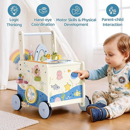 Wooden Baby Walker Push Toy for Toddlers 10M+ | Adjustable Height & Speed Control | Montessori Activity Center with Fishing Game, Music, Storage | Ocean World Theme Learning Walking Toy