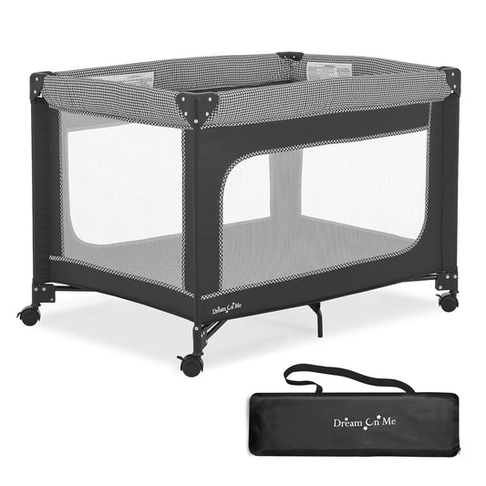 Dream On Me EZGo Portable Playard, Tool-Free Assembly, Easy One-Step Fold, Breathable Mesh Sides, Removable Mattress Pad & Smooth Locking Wheels, Travel Carry Bag Included – Black & White