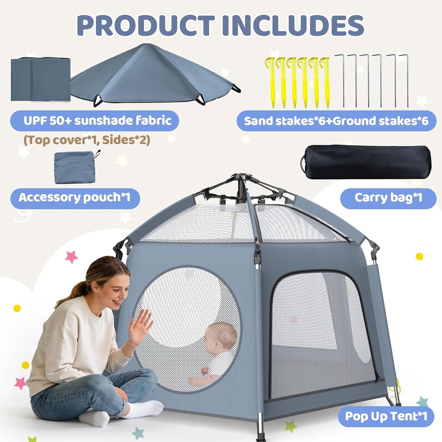 Pop Up Playpen for Baby - Instant Setup Portable Playard with UV Canopy & Mosquito Net - Indoor Outdoor Travel Crib with Carry Bag Grey